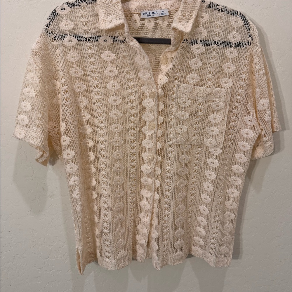 Arizona Jean Company Cream Crochet Button-Up Shirt